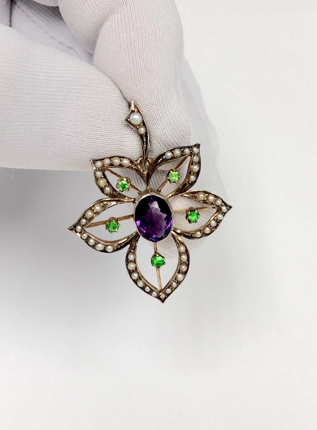 Antique 9K Art Nouveau Demantoid Garnet Amethyst Seed Pearl Pendant Ca. 1905