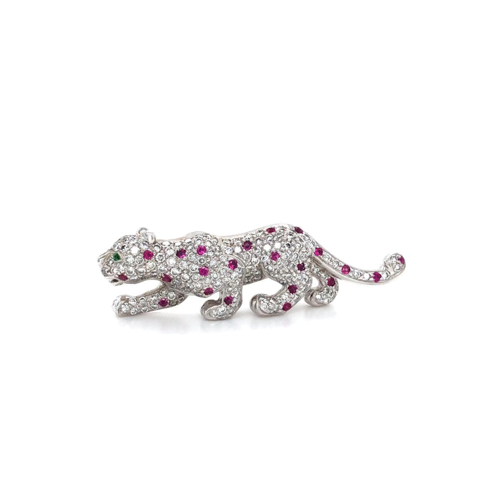 Vintage 18K White Gold Panther Brooch 2.50 Cts Pave Diamonds + Pink Sapphires