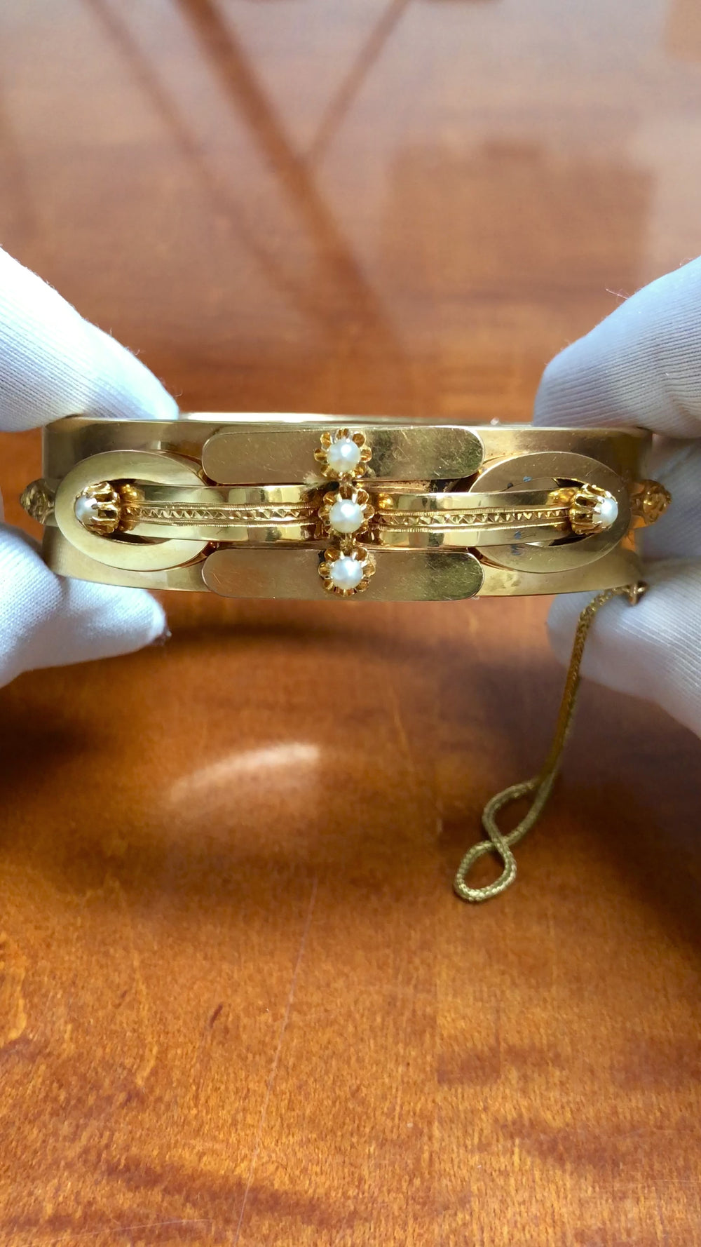 Antique Victorian 14K Yellow Gold Seed Pearl Bangle Bracelet Circa 1870s–1880s