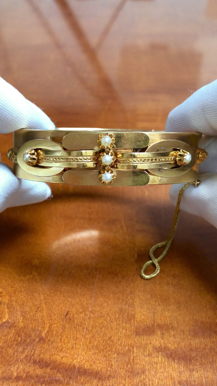 Antique Victorian 14K Yellow Gold Seed Pearl Bangle Bracelet Circa 1870s–1880s