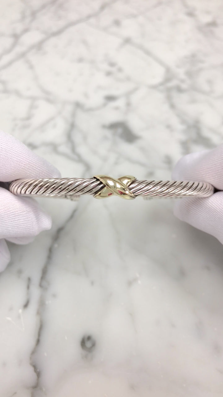 David Yurman Sterling Silver & 14K Yellow Gold 5mm Classic Cable Cuff X Bracelet