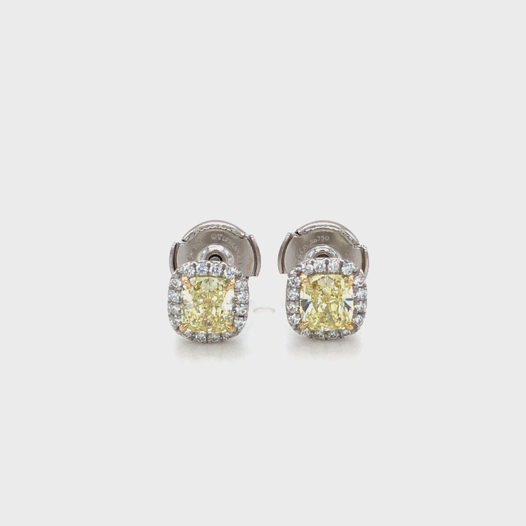 Tiffany & Co. Soleste Fancy Yellow Diamond Halo Stud Earrings in Platinum & 18K