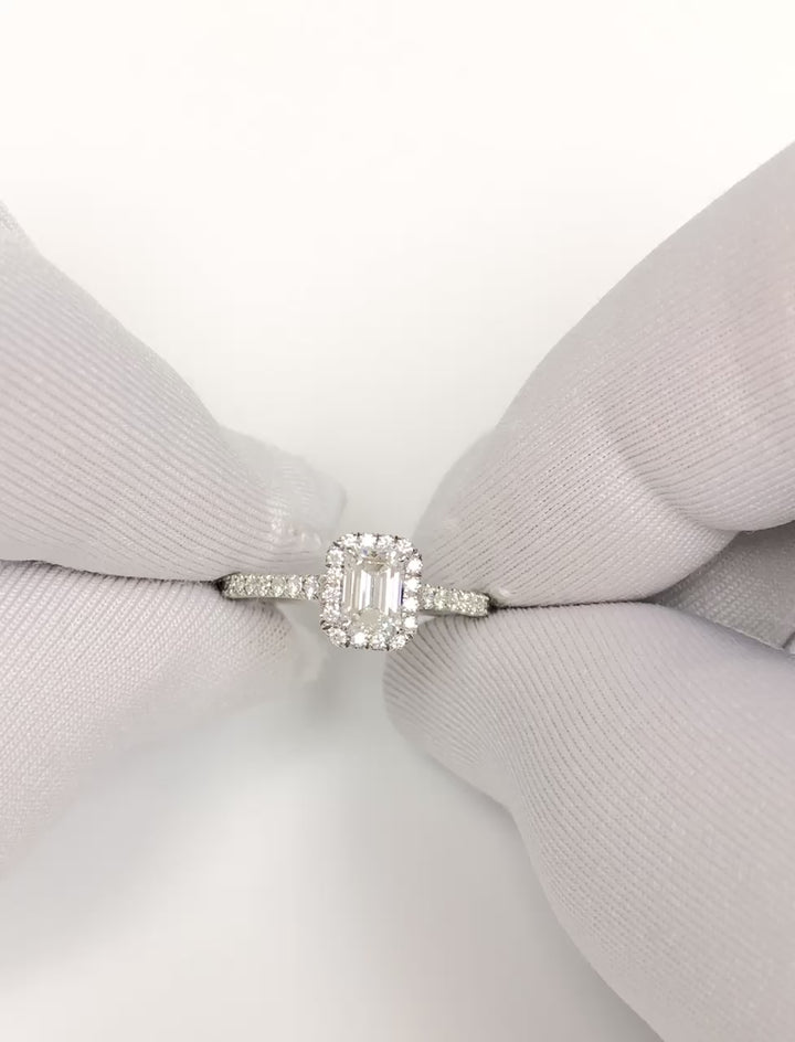 Tiffany & Co. Soleste .45 Ct Center Emerald Cut Halo Engagement Ring - E VS1