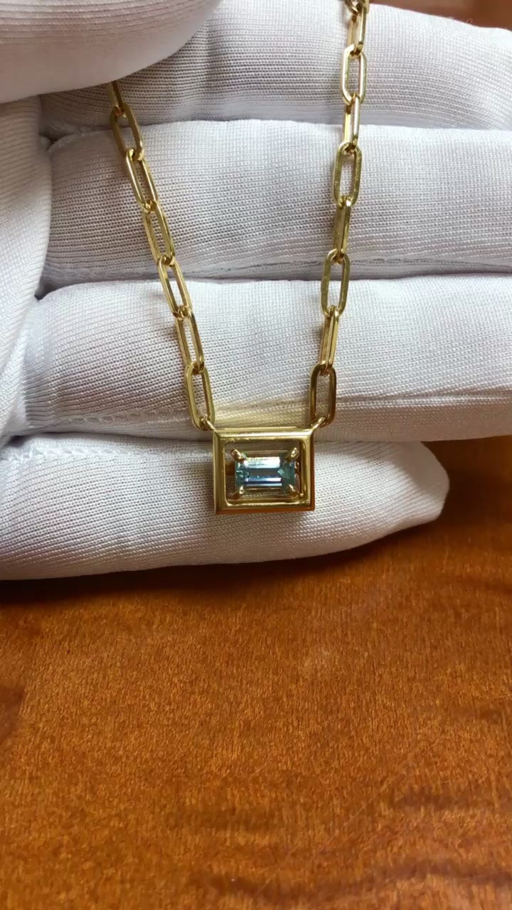 Tiffany & Co. 18K Gold Aquamarine Box Pendant Paperclip Necklace 17.5"
