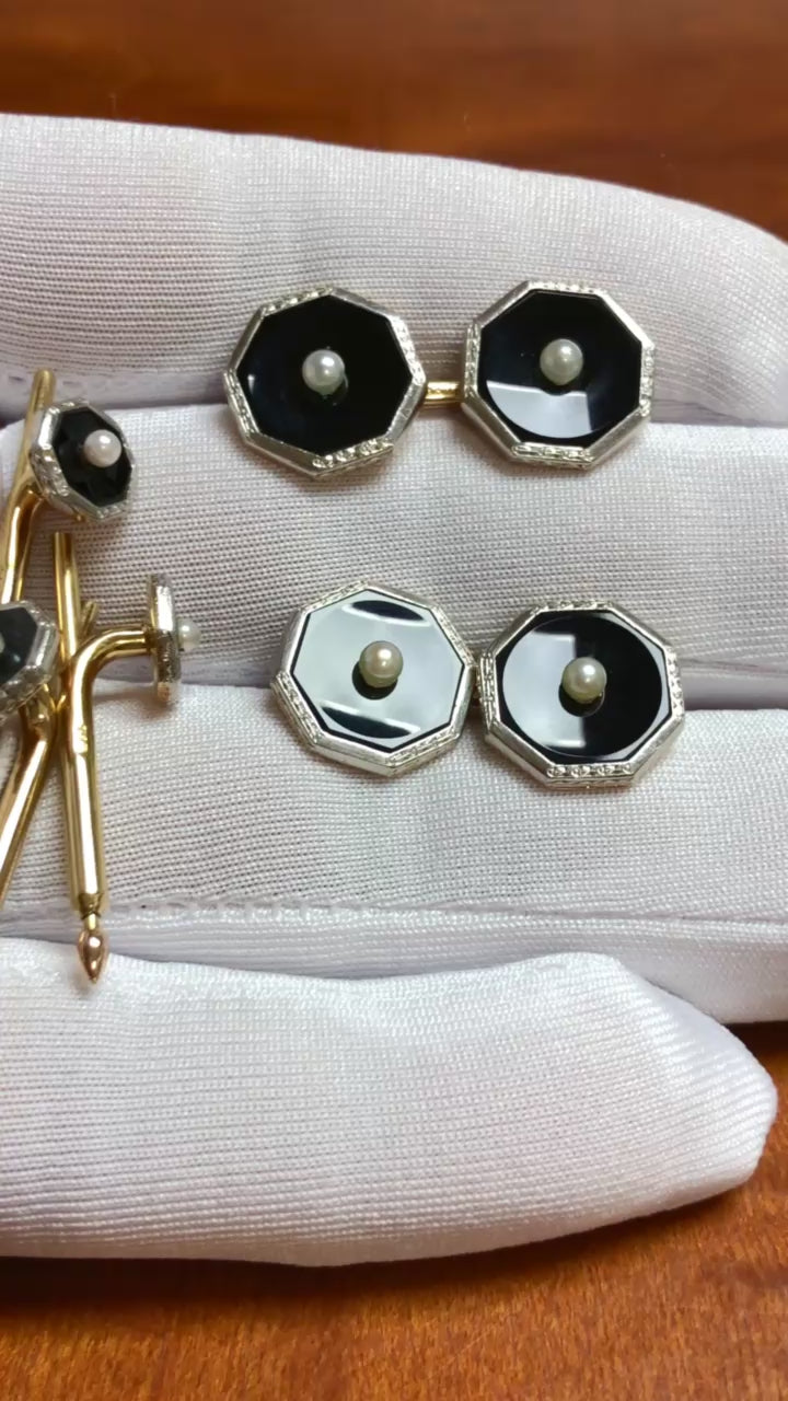 Tiffany & Co. Art Deco 14K Platinum Onyx Pearl Cufflink Stud Dress Set 1920s