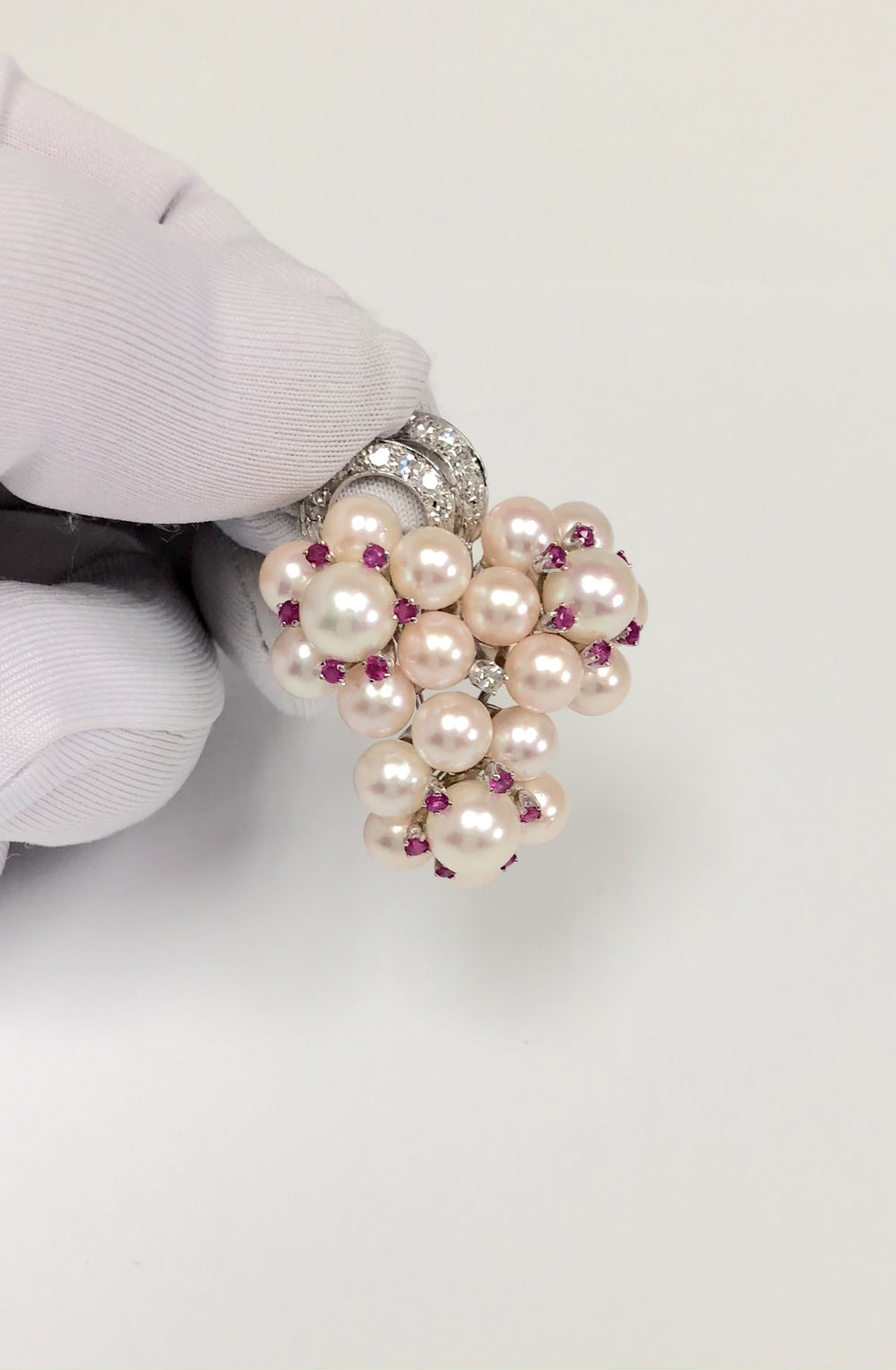 Vintage 14K White Gold Pearl Ruby Diamond Grape Cluster Brooch