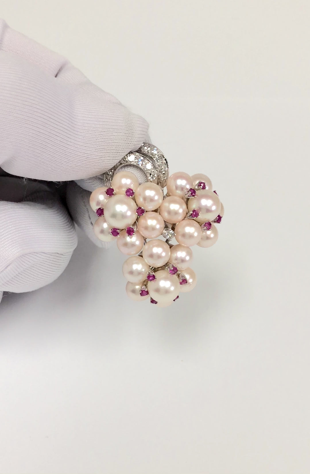 Vintage 14K White Gold Pearl Ruby Diamond Grape Cluster Brooch