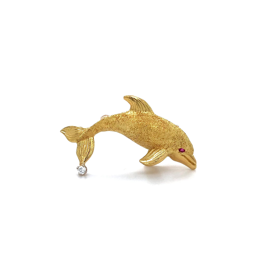 Tiffany & Co. 18K Yellow Gold Diamond Ruby Dolphin Brooch