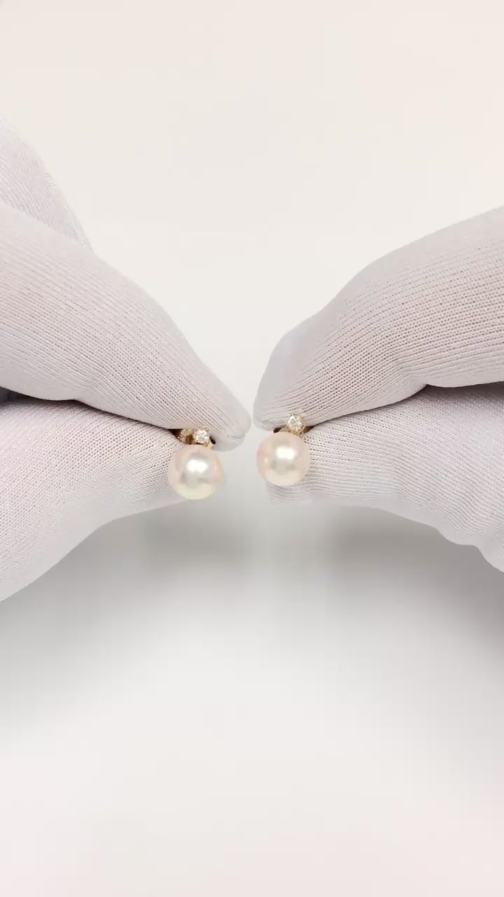 Vintage 14K Yellow Gold Cultured Pearl & Diamond Stud Earrings (6.8mm, 0.05cts )