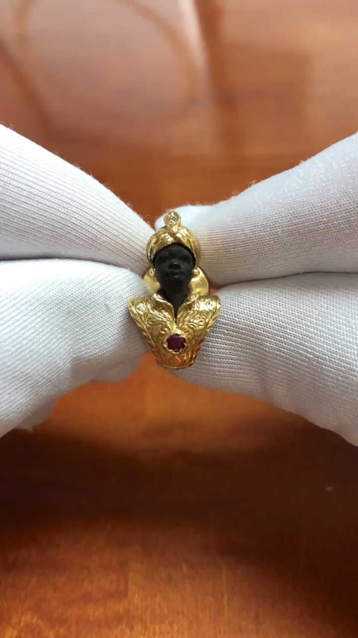 Vintage Blackamoor Gold, Ruby & Diamond Tie Tack  14K & 18K Yellow Gold