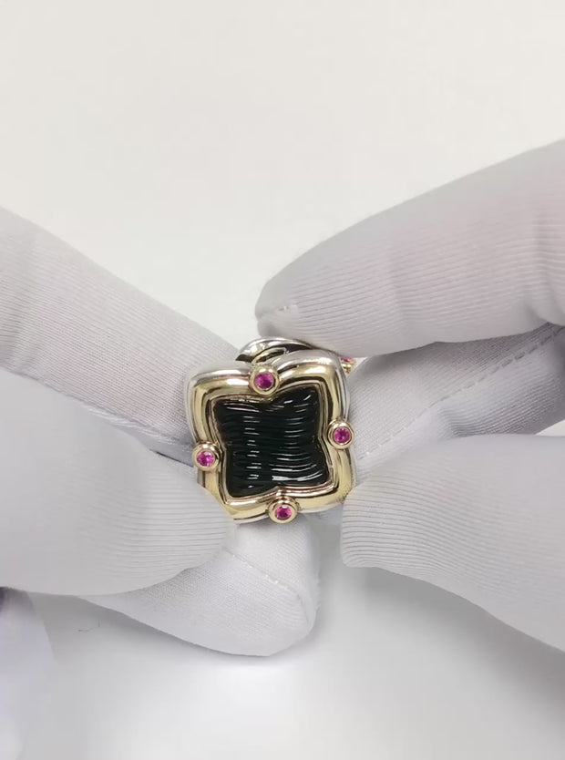 David Yurman Quatrefoil Silver 18K Gold Carved Onyx and Pink