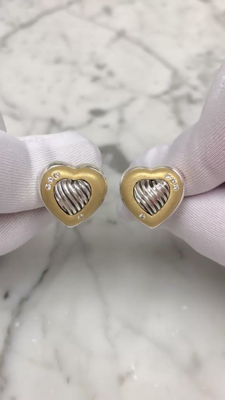 David Yurman Sterling Silver 18K  Cable Heart Earrings W/ Diamonds Clip Earrings