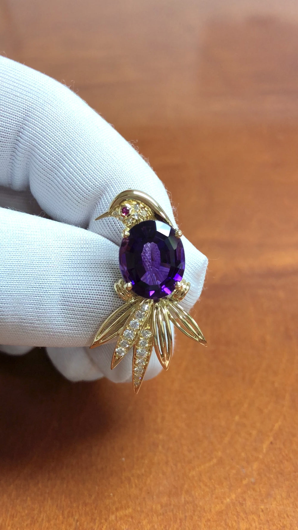 Tiffany & Co 18K Yellow Gold Amethyst Diamond  Ruby Bird of Paradise Brooch 1988