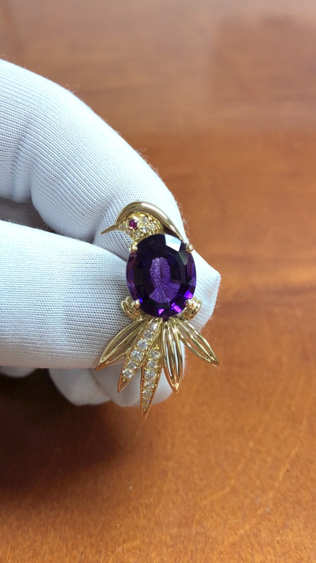 Tiffany & Co 18K Yellow Gold Amethyst Diamond  Ruby Bird of Paradise Brooch 1988