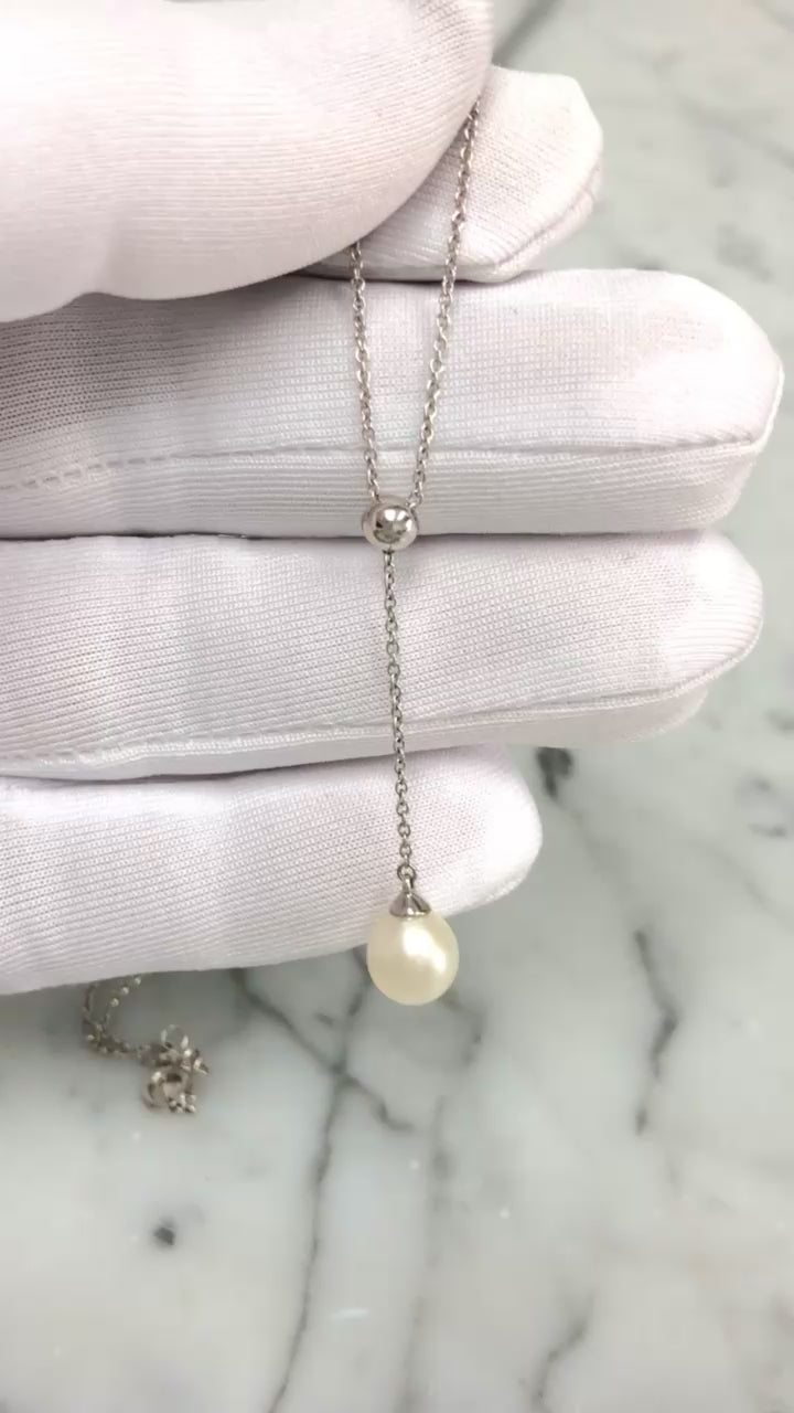 Tiffany & Co. 18K White Gold Pearl Y-Drop Necklace — 16"