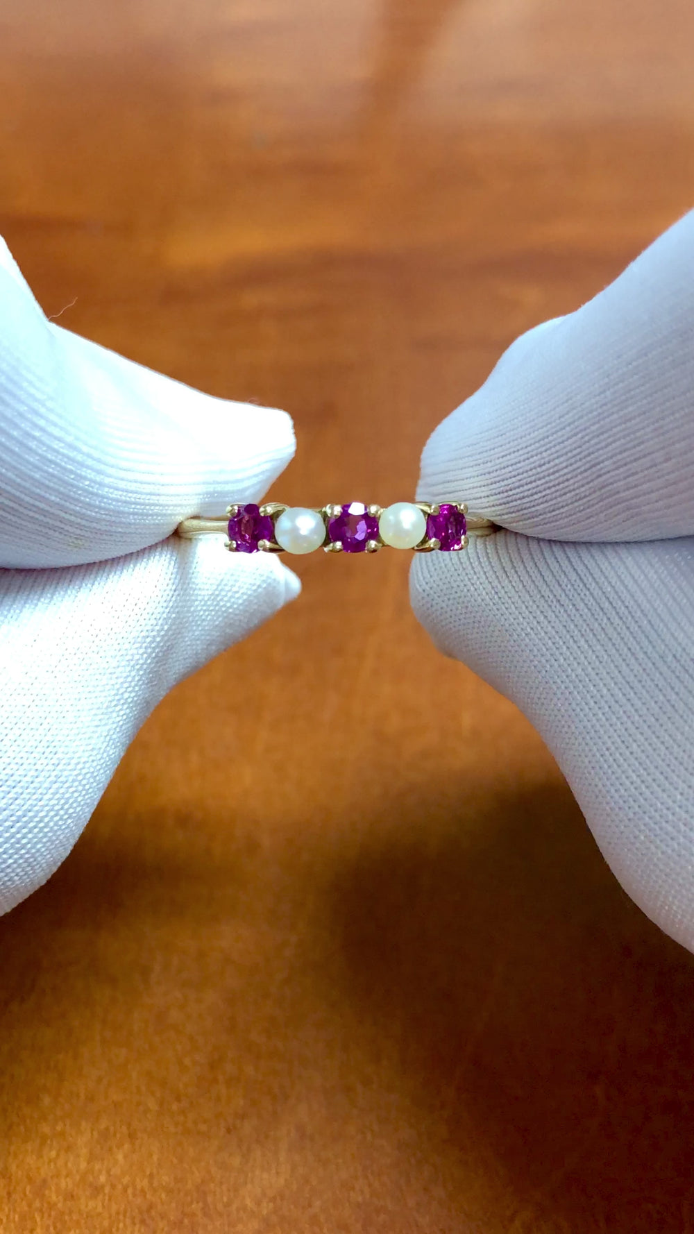 Tiffany & Co. 18K Yellow Gold Ruby and Pearl Five-Stone Band Ring, Vintage