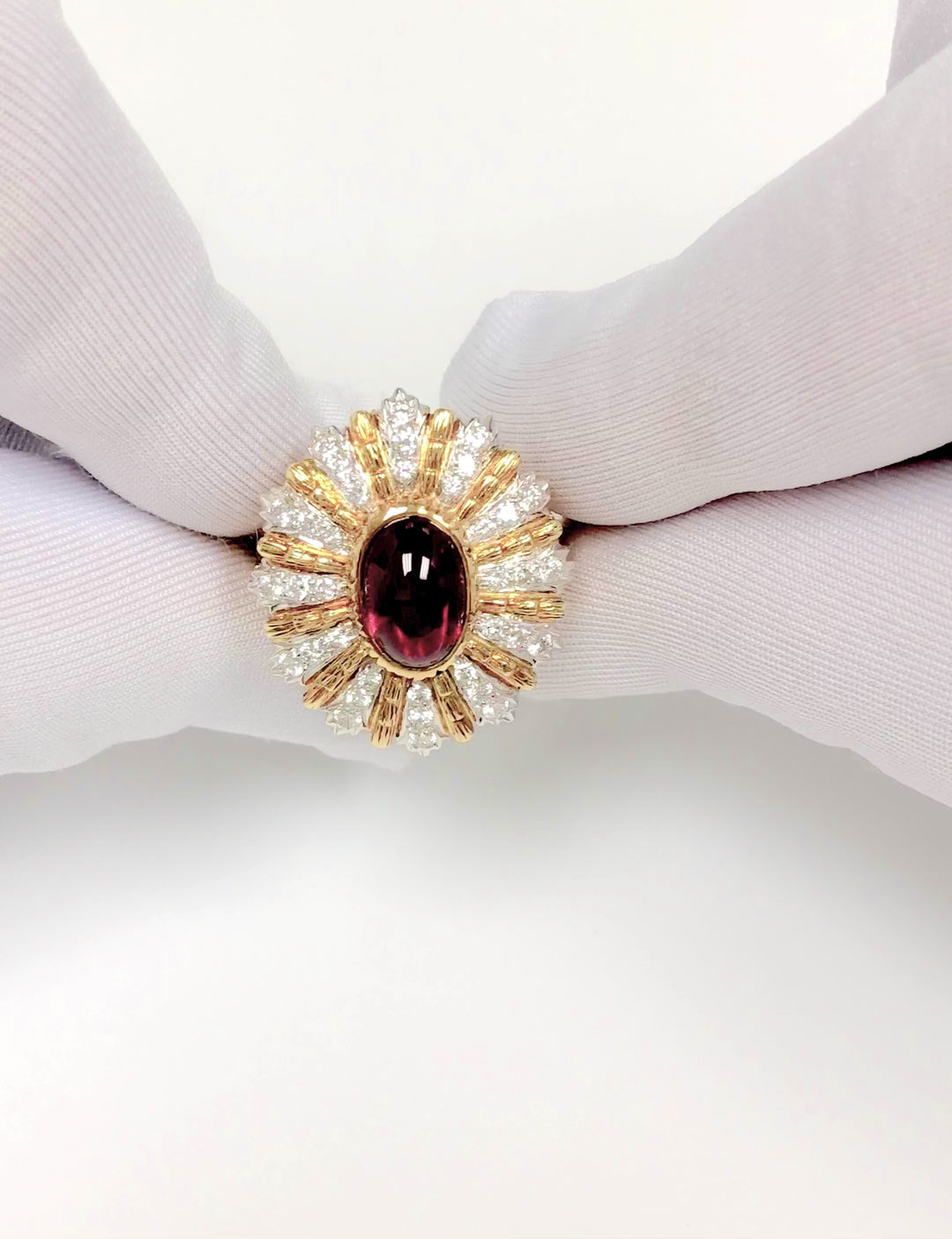 Vintage 18K Yellow Gold Burmese Ruby and Diamond Cocktail Ring, 3.60 Ct Center