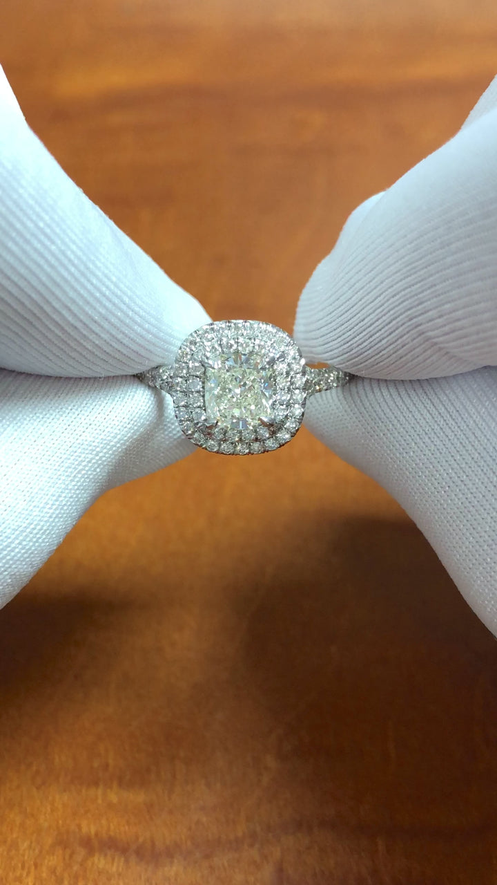 Tiffany & Co Platinum Soleste .89 ct center Double Halo Diamond Engagement Ring