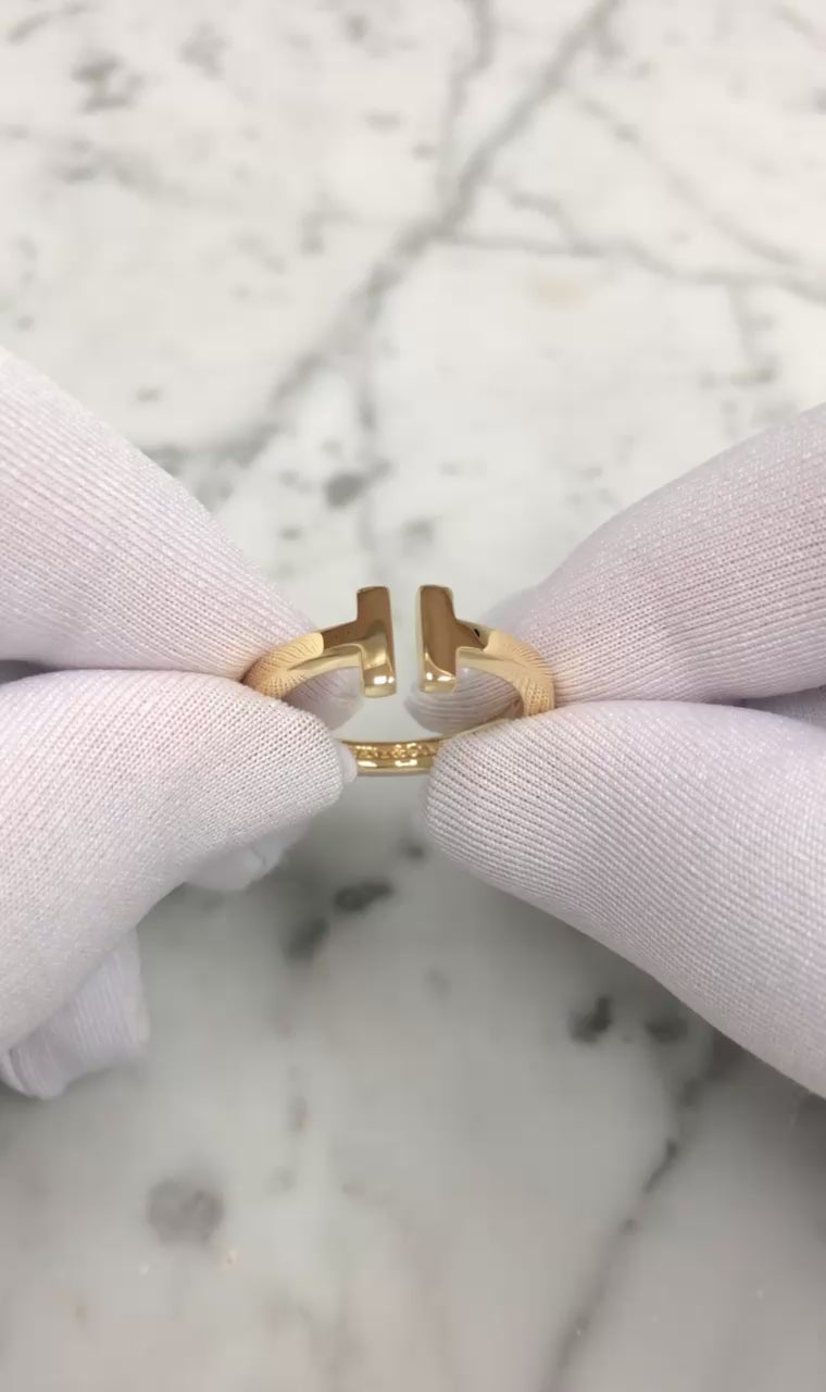 Tiffany & Co. 18K Yellow Gold Square T Ring Size 8.75, 2.5mm, Like New