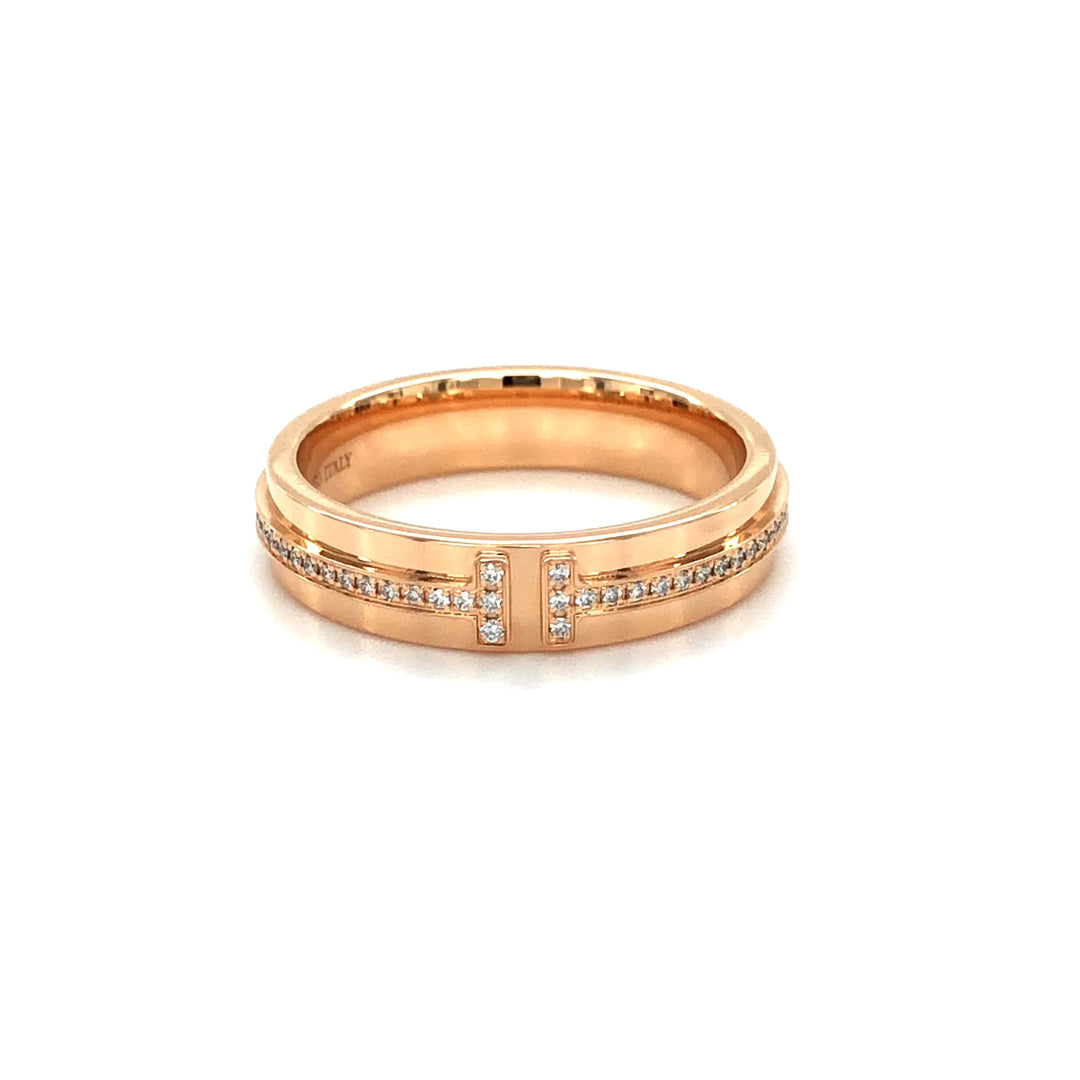 Tiffany & Co. T Narrow 18K Rose Gold 4.5 mm Wide .13 ct Diamond Band Ring Size 7