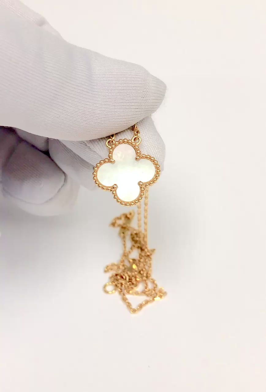 Van Cleef & Arpels 18KY Gold Vintage Alhambra MOP Pendant Necklace box +papers