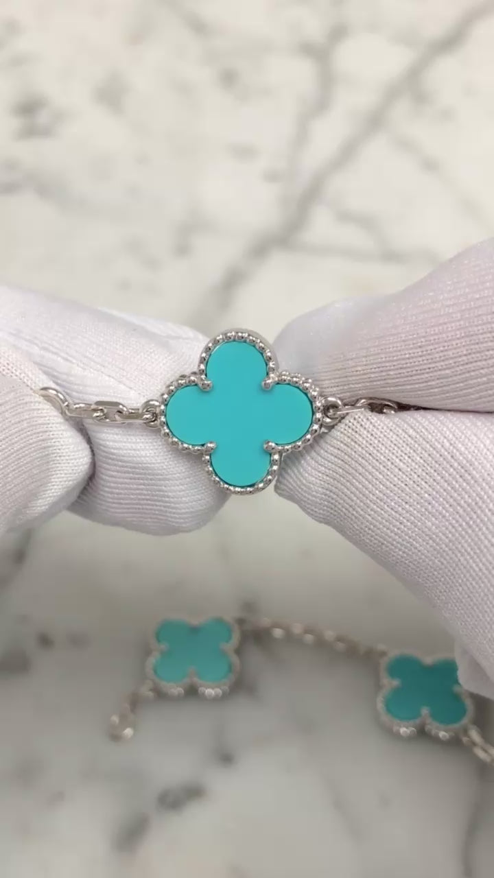 Van Cleef & Arpels Alhambra 18K White Gold 5 Motif Turquoise Bracelet 7.75"