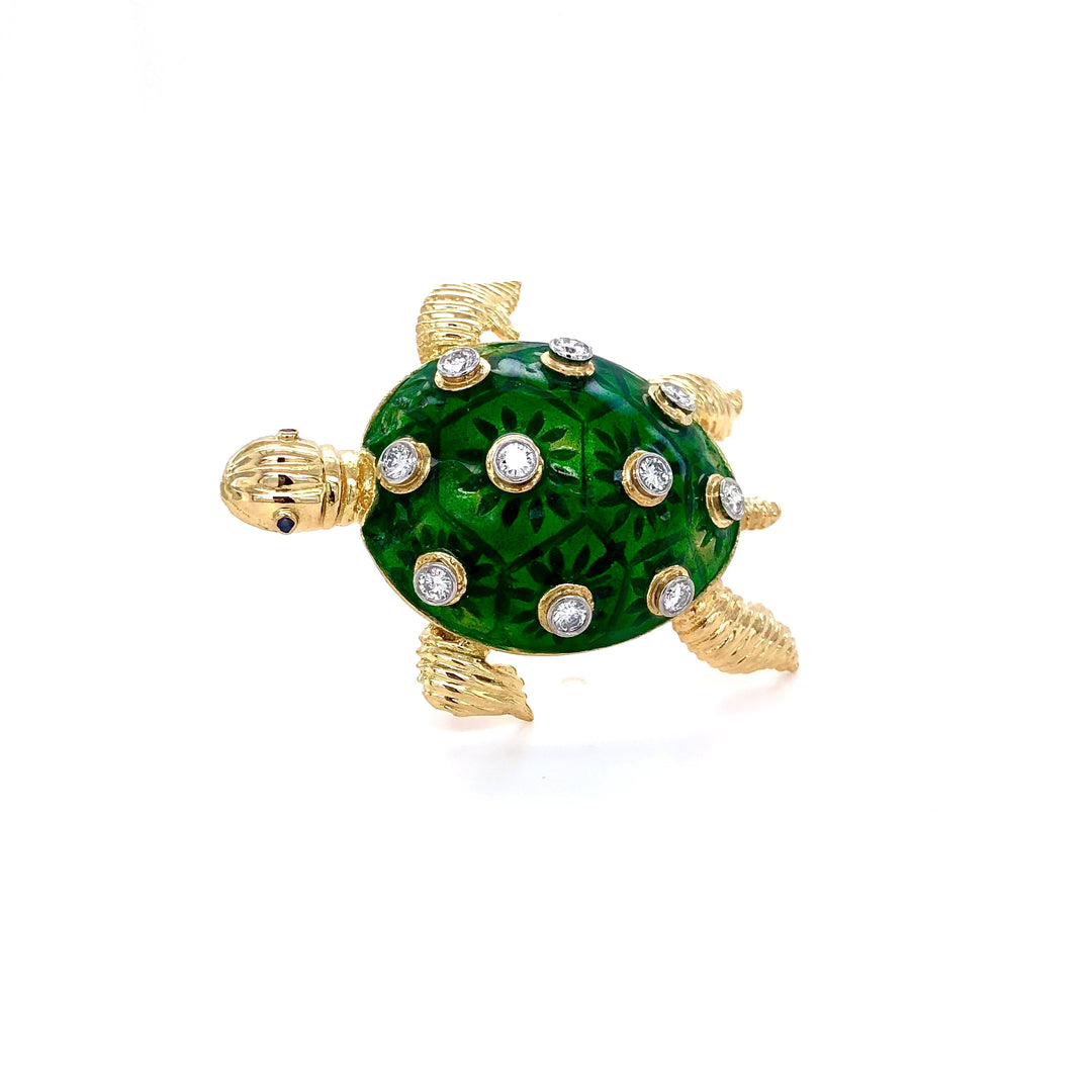 Vintage 18K Yellow Gold Diamond Green Enamel Turtle Brooch