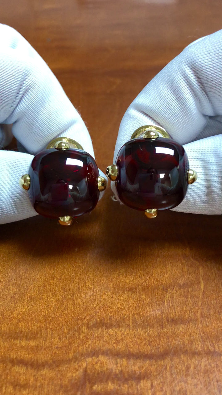 Vintage Pomellato Capri Cabochon Garnet Earrings, 18K Yellow Gold