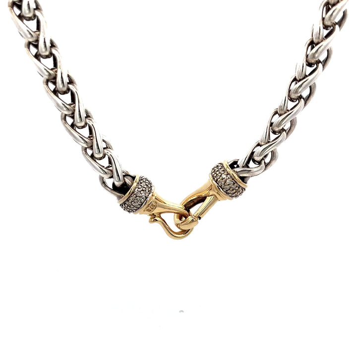 David Yurman Sterling Silver 18K Yellow Gold Pave Diamond Wheat Chain Necklace