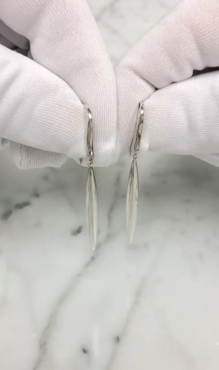 Tiffany & Co. Vintage 18K White Gold Feather Dangle Drop Earrings 2 Inches Long