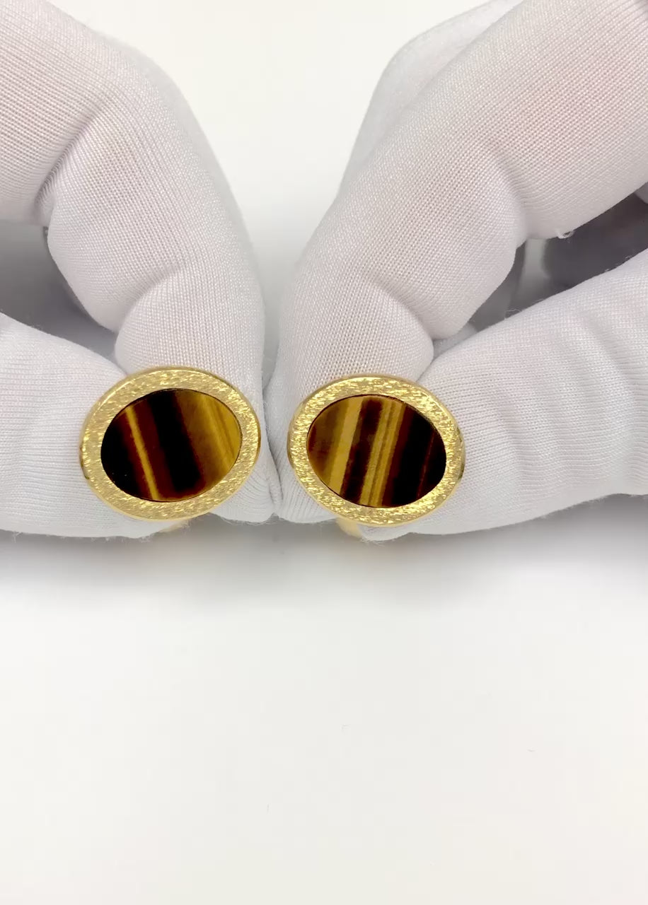 Vintage Tiffany & Co. 18K Gold Tiger Eye Cufflinks, Fixed Ball Back, ca. 1960's