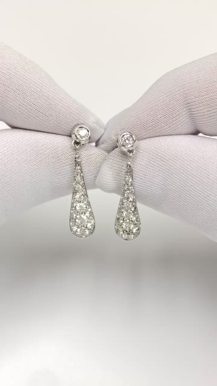 Vintage 18K White Gold Teardrop Dangling Diamond Pavé Earrings 1.25 tcw. G VS