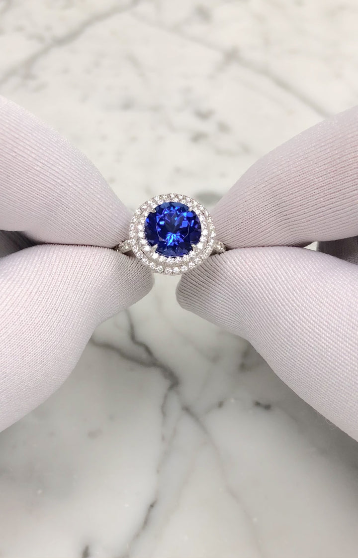 Tiffany & Co. Platinum Double Soleste Round Shape 3ct Tanzanite Diamond Ring
