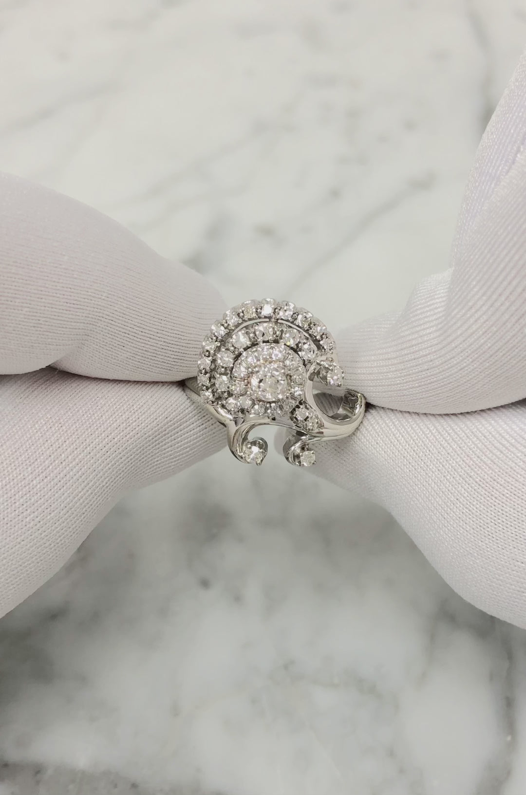Vintage Jabel 14K White Gold Old Cut Diamond Cluster Cocktail Ring