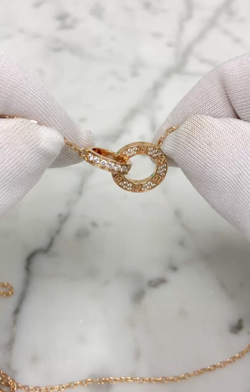 Cartier Love Necklace 18K Rose Gold Pavé Diamond Pendant 20" Box and Papers