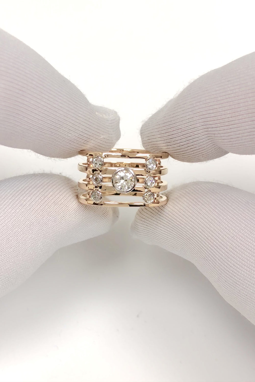 Vintage 14K Multi-Band Diamond Ring, Geometric Modern, Approx 0.50 Ct TW Size 7
