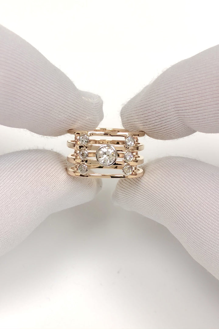 Vintage 14K Multi-Band Diamond Ring, Geometric Modern, Approx 0.50 Ct TW Size 7