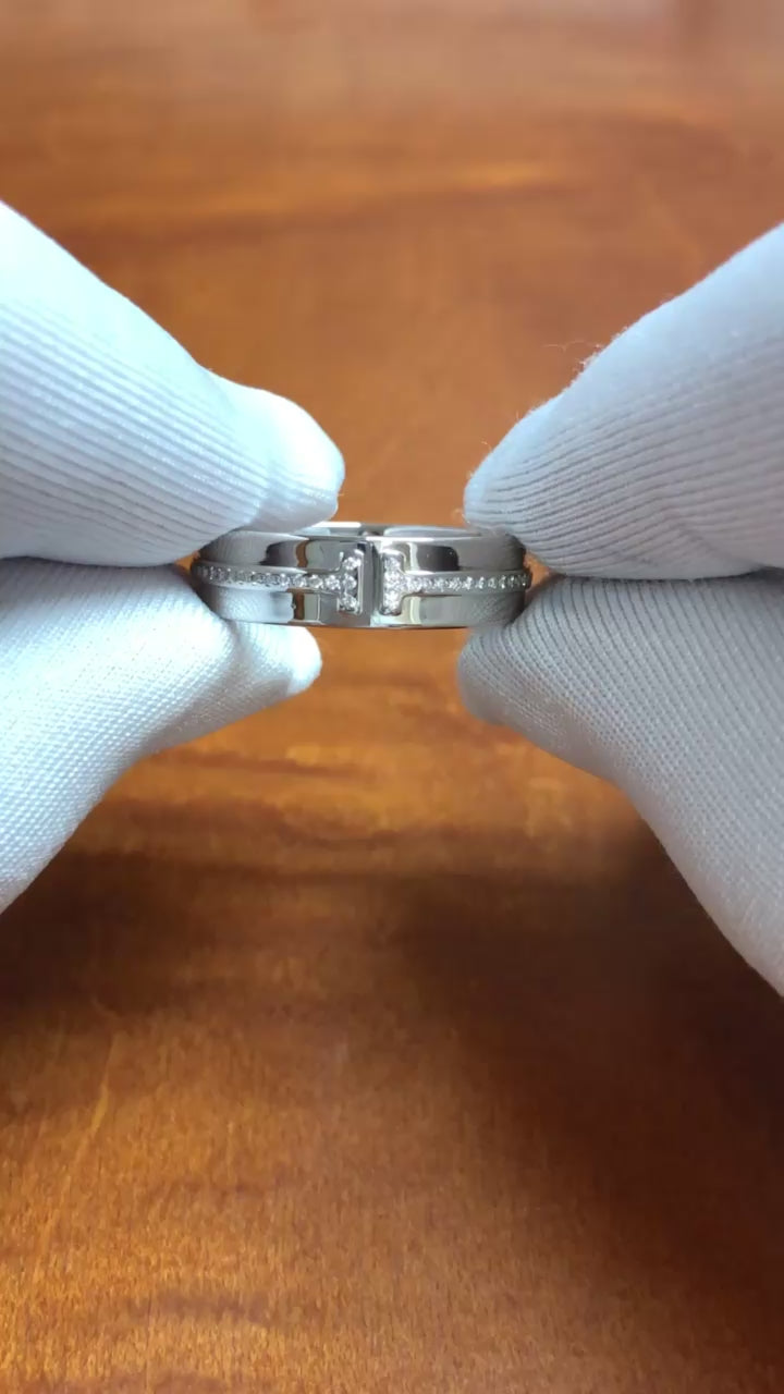 Tiffany & Co. T Wide 18K White Gold Diamond Band Ring, 5.5mm, Size 8