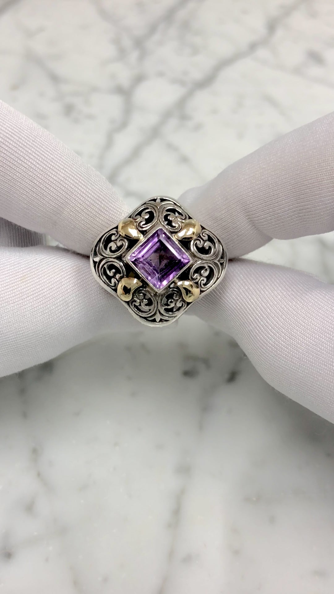 Vintage 18K Gold and Sterling Silver Amethyst Open-Scroll Work Cocktail Ring