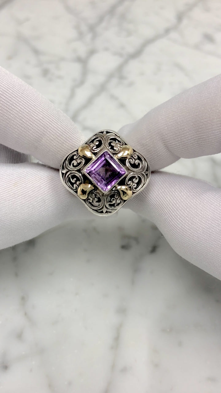 Vintage 18K Gold and Sterling Silver Amethyst Open-Scroll Work Cocktail Ring