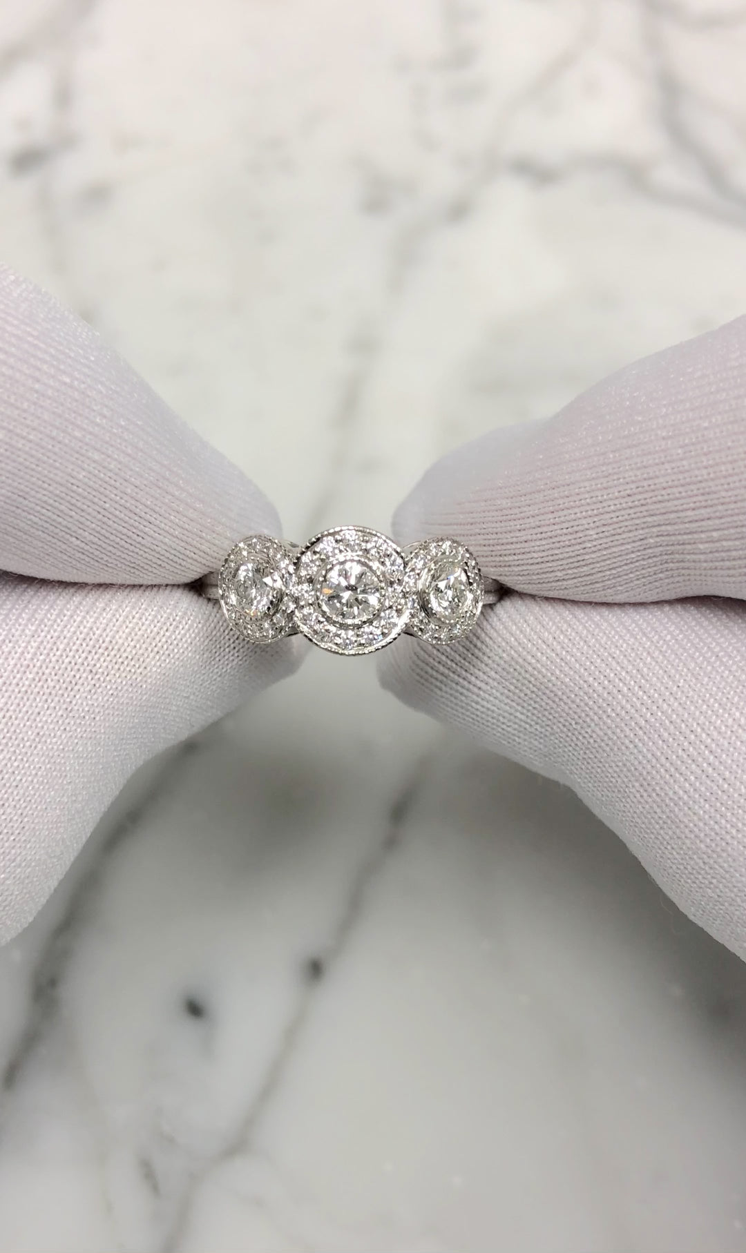 Tiffany & Co. Platinum Circlet 3-Stone Halo Diamond Ring – .90 Ct Total Weight