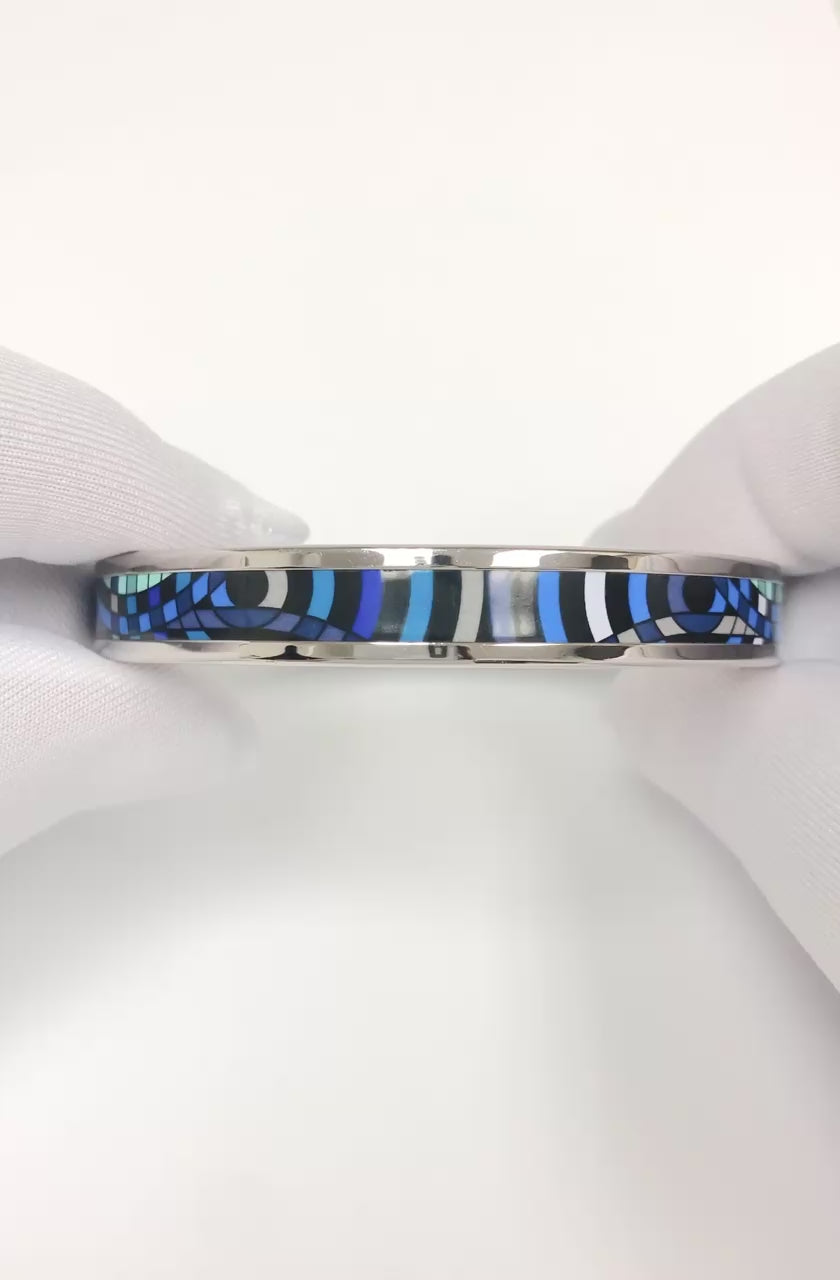 Hermès Blue Enamel Palladiam Plated Bangle Narrow Bracelet Large Size