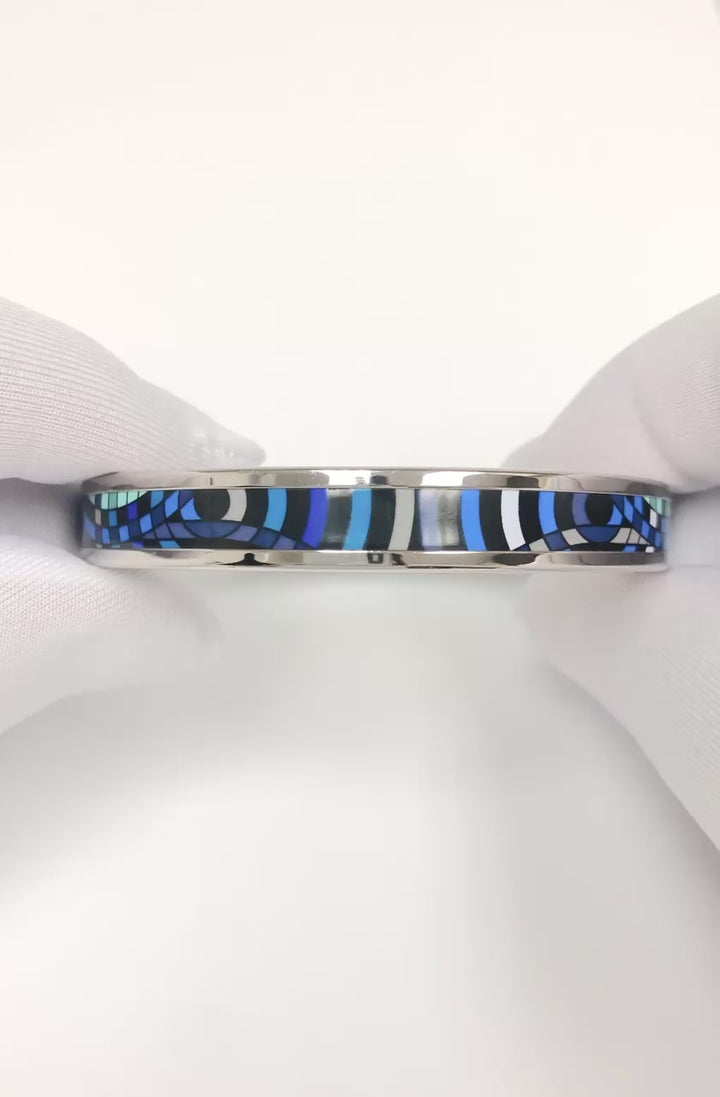 Hermès Blue Enamel Palladiam Plated Bangle Narrow Bracelet Large Size