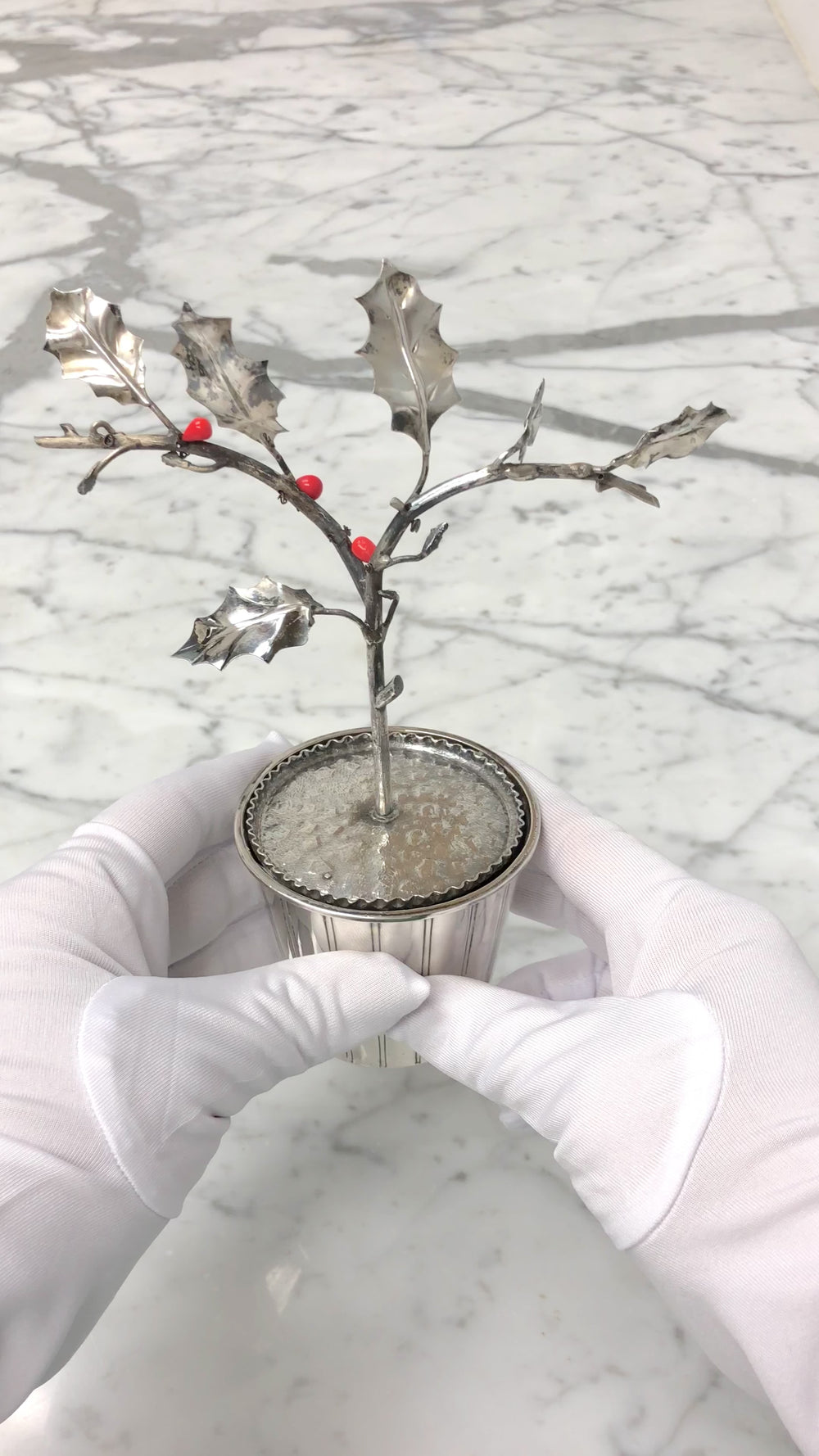 Attilio Codognato Signed 800 Silver & Red Coral Holly Tree Objet d'Art, Ca. 1990