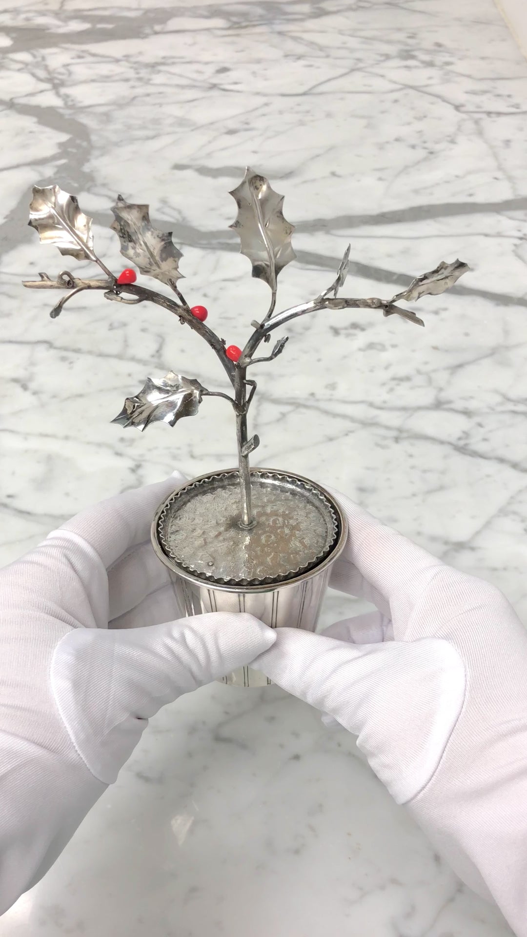 Attilio Codognato Signed 800 Silver & Red Coral Holly Tree Objet d'Art, Ca. 1990