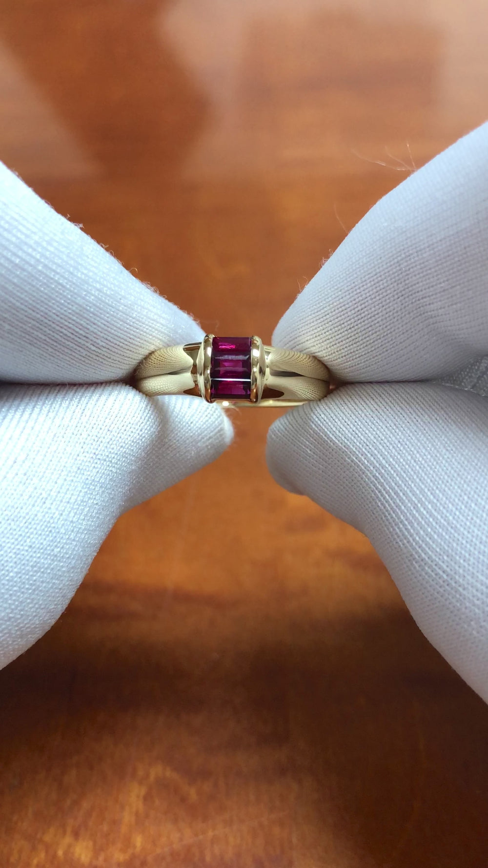 Tiffany & Co. 18K Y Gold Three-Stone Baguette Ruby Channel-Set Domed Band Ring