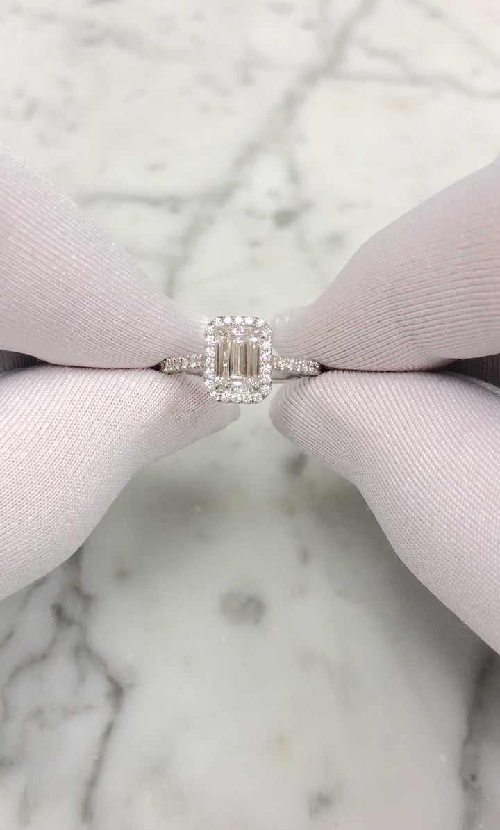 Tiffany & Co. Soleste 1.12 Ct Center Emerald Cut Halo Engagement Ring - F VVS2