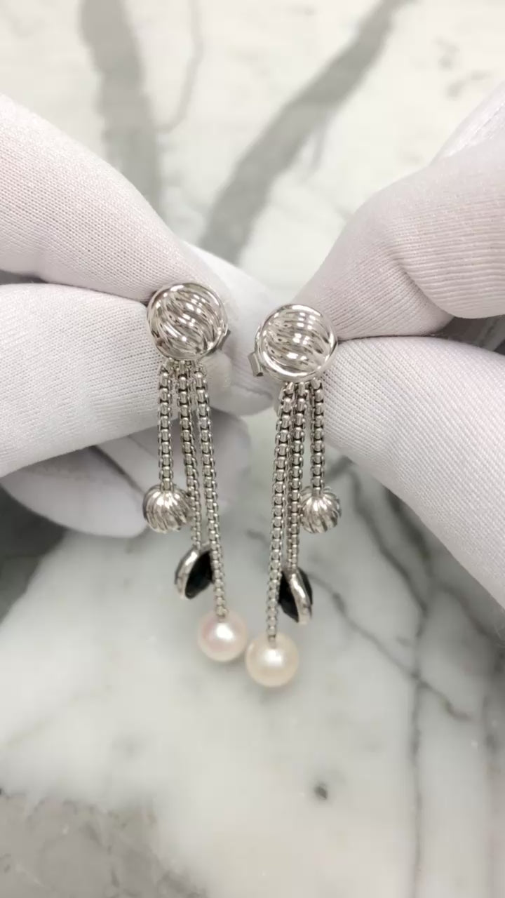 David Yurman Bijoux 18K White Gold Onyx & Pearl Box-Chain Dangle Earrings 2.5”