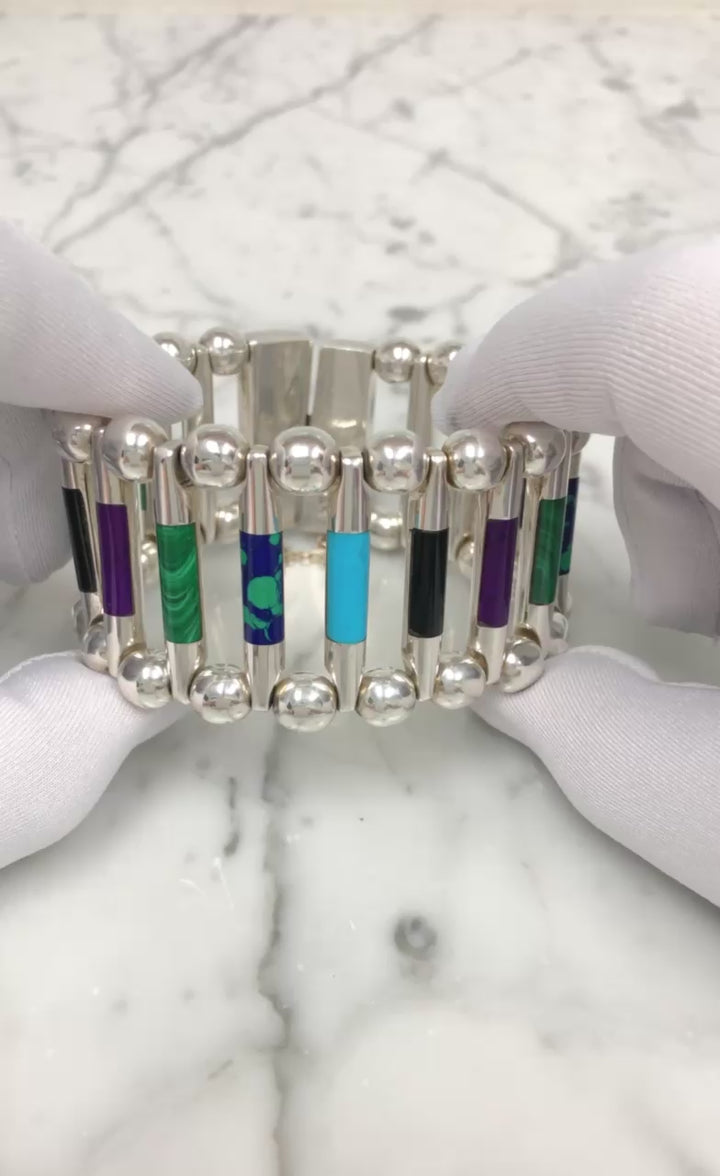 Vintage TUKA Mexican Modernist  Silver Gemstone Inlay Bracelet, 1970s, 7.5"