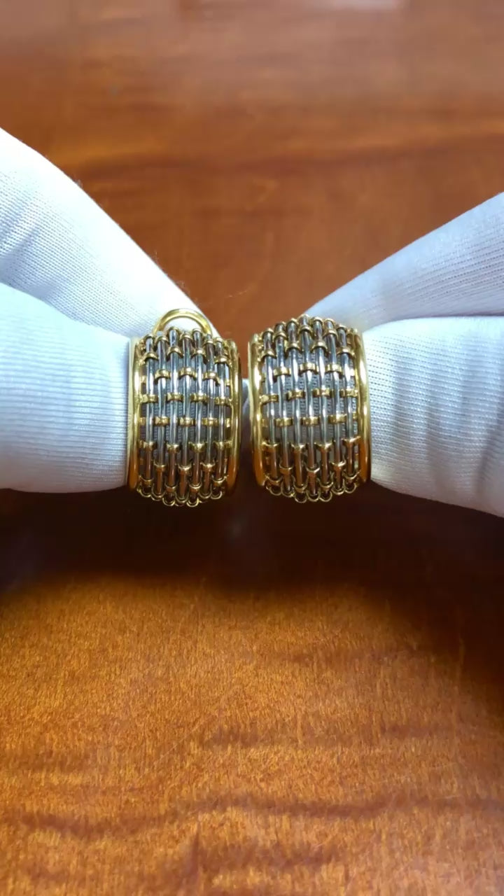 Vintage Cartier Or Et Acier Woven Hoop Earrings 18K Gold Stainless Steel 1980's